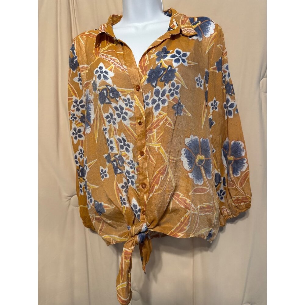 Harve Benard Yellow Floral Top Size Large Boho Tie at Waist